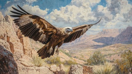 Majestic vulture in flight over a dramatic mountain landscape.