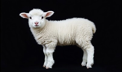 Obraz premium Adorable white lamb standing against a black background.