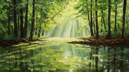 Obraz premium Sunbeams Through Forest Canopy, Reflecting on Calm Water