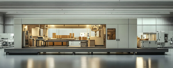 A modern industrial workspace featuring machinery and packaging materials.