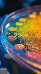 Vibrant Colorful Droplets on Petri Dish Reflecting Light Patterns