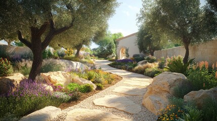Elegant dry garden design featuring decomposed granite paths, olive trees, natural stone accents, and vibrant flowering plants, sunlit Mediterranean charm, 