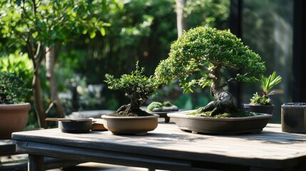 Fototapeta premium A tranquil bonsai care station in a serene patio, Bonsai trees and pruning tools meticulously positioned, Zen gardening style