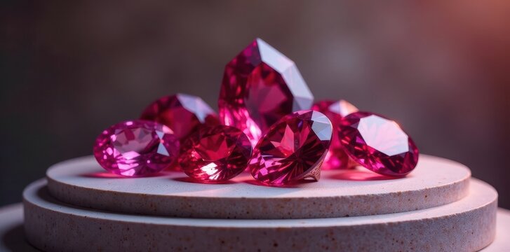 Red and pink gemstone arrangement on pedestal, quartz, ruby