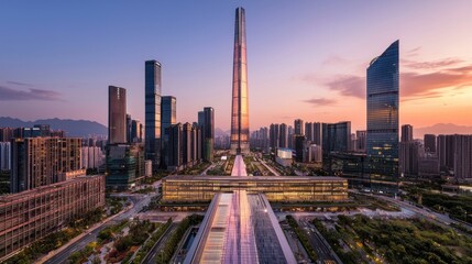 Stunning sunset cityscape with skyscrapers and modern architecture.