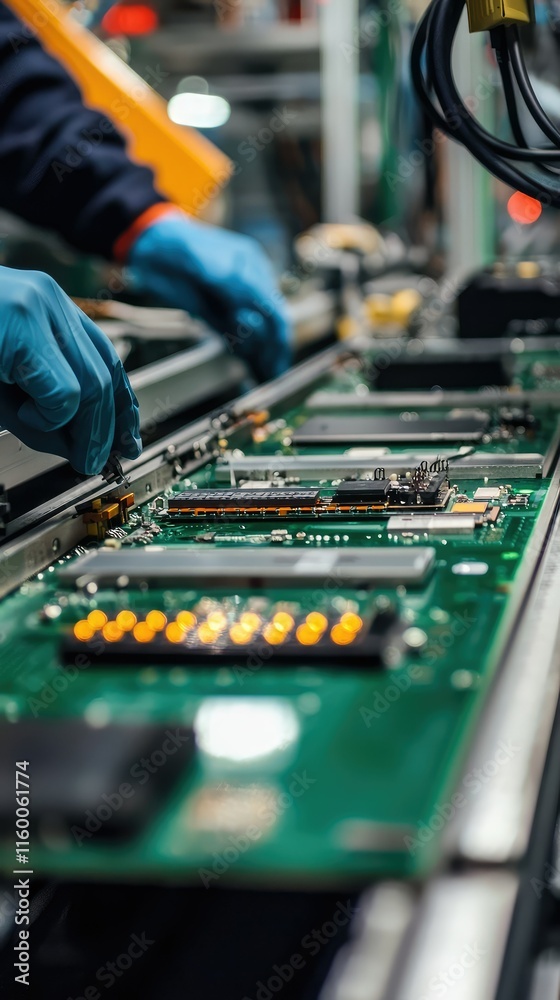 Poster detailed close-up of circuit board assembly process in factory setting