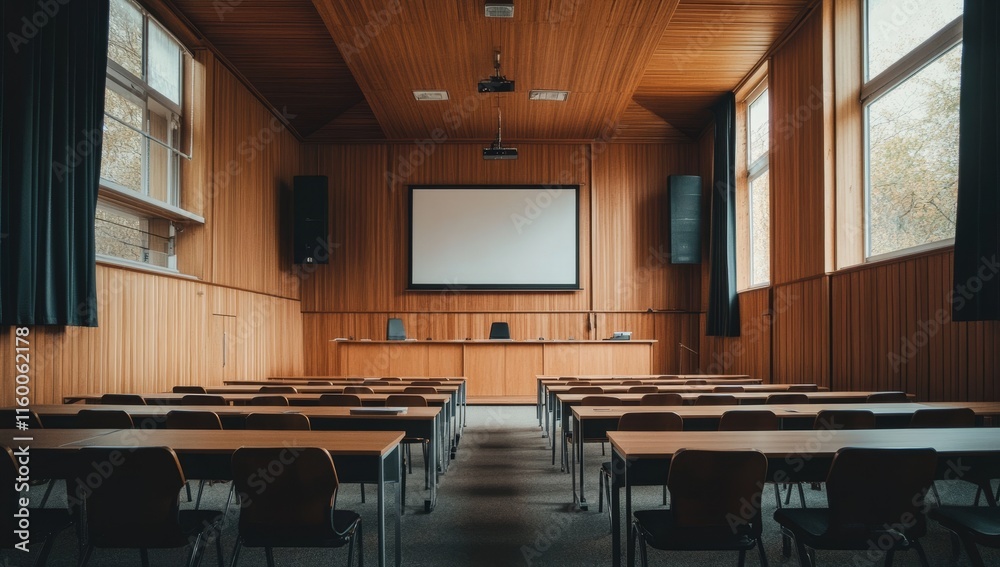 Poster empty lecture hall with wooden walls, projector screen, and rows of desks.