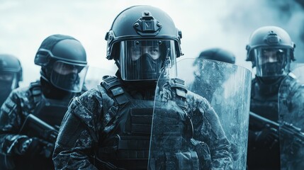 Fototapeta premium Armored Riot Police Officers in Formation during Crowd Control Operations