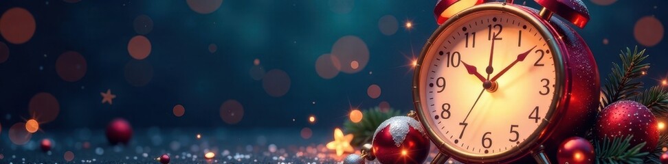 A stylized illustration of clock striking midnight with sparkling lights and glittering decorations, holiday, lights