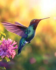 Fototapeta premium Vibrant hummingbird in flight near pink flower, golden sunset background.