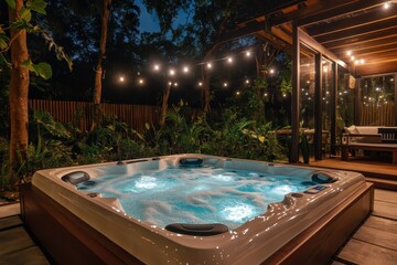 Luxurious outdoor hot tub at night, surrounded by lush greenery and fairy lights. Perfect for relaxation, wellness, and luxury travel websites.