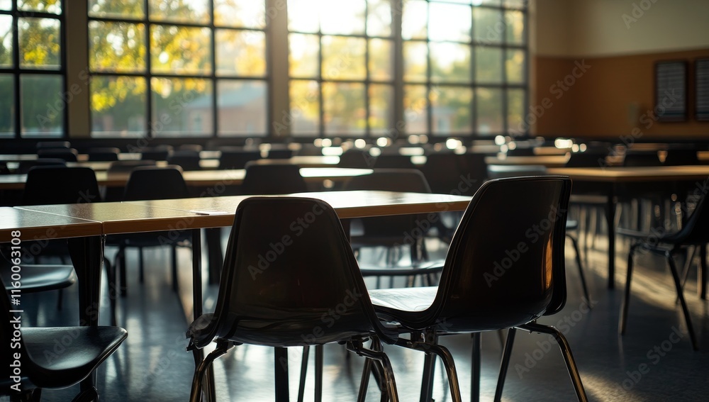 Poster Empty cafeteria with sunlight streaming through large windows. (1)