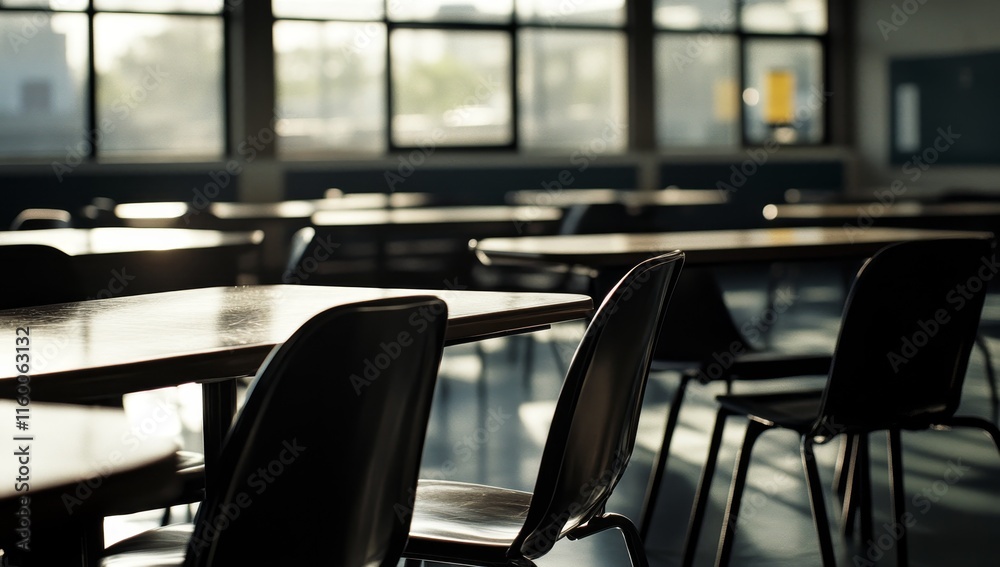 Poster empty cafeteria tables and chairs in sunlight.