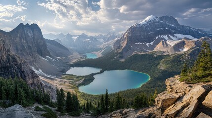 Fototapeta premium Mountain Valley with Two Turquoise Lakes