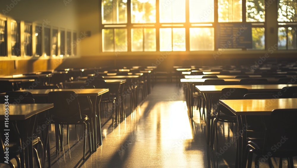 Aufkleber sunlit classroom with empty desks and chairs.