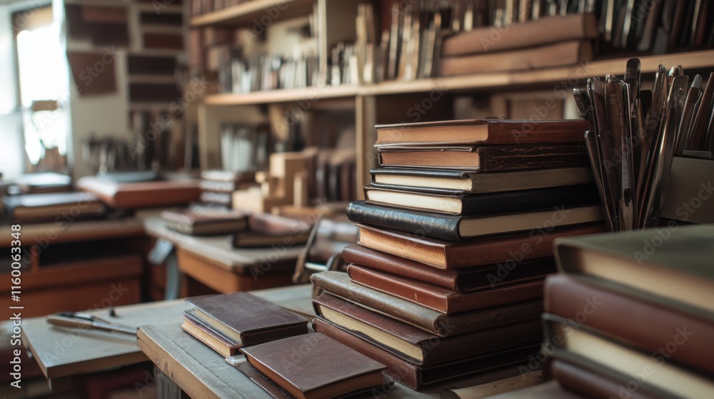 Poster A tranquil bookbinding studio with tools and stacks of handmade journals, Bookbinding tools arranged amidst shelves of leather and paper, Artisanal bookbinding style