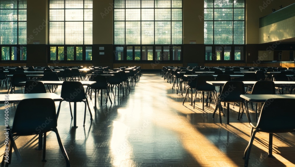 Aufkleber Sunlit empty classroom with rows of desks and chairs. (1)