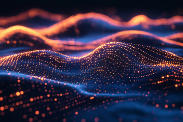 Vibrant orange-lit dots curve and flow in wave-like patterns on a dark backdrop, forming dynamic lines of luminous data streams ideal for tech, energy, or futuristic visuals
