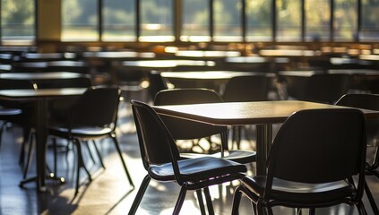Sunlit empty cafeteria with numerous tables and chairs.