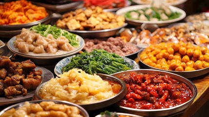 Assorted Colorful Asian Cuisine Dishes in Vibrant Market Display : Generative AI