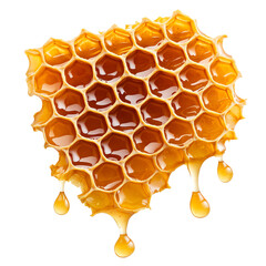 Honeycomb structure dripping with honey, showcasing a rich, golden hue and hexagonal patterns.