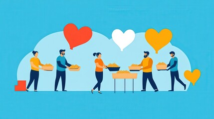Fototapeta premium Community Engagement Through Food Donation and Service: A Colorful Illustration of People Contributing to a Shared Meal Experience of Generosity and Togetherness