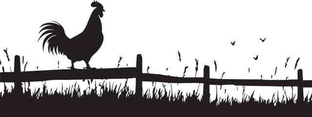 Silhouette of rooster standing on fence black vector 