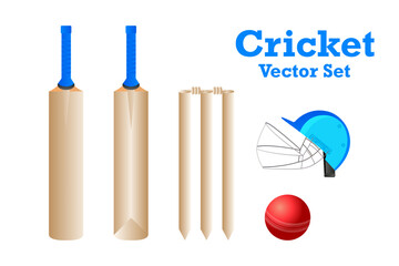 Cricket vector art design bat, stumps, red ball and helmet illustration