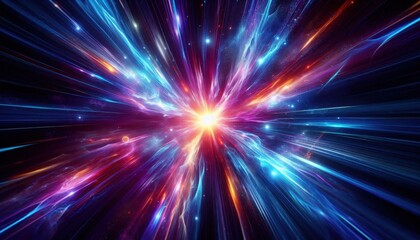 Cosmic explosion, vibrant energy burst, radiant light rays, deep space, swirling colors, blue and purple nebula, star formation, interstellar dust, celestial fireworks, dynamic motion blur, galactic c