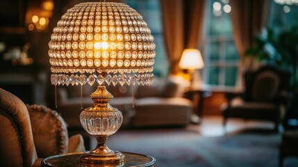 A beautifully lit table lamp enhances a cozy living room ambiance.