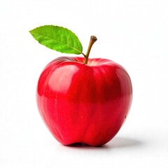 A red apple with a green leaf on a white background
