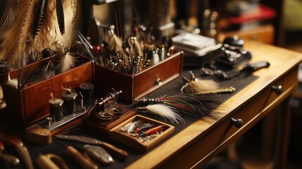 A tranquil fly-tying bench with fishing flies and feathers, Fly-tying tools and materials meticulously arranged, Angler's delight style