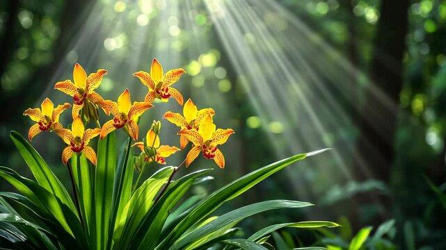Golden orchids bloom under soft sunlight in a lush forest setting during the morning hours