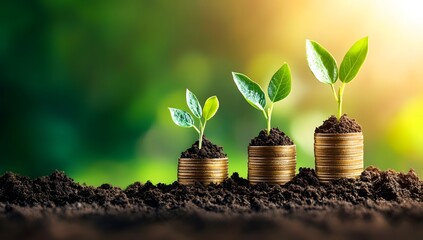 Growing Plants on Stacked Coins Representing Financial Growth and Investment Concept