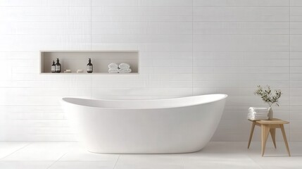 Fototapeta premium Elegant Minimalist Bathroom Featuring a Freestanding Bathtub, Stylish Shelves with Spa Essentials, White Textures, and a Touch of Greenery for a Relaxing Ambience