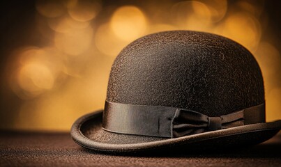 Obraz premium Classic brown bowler hat on dark surface with bokeh background.