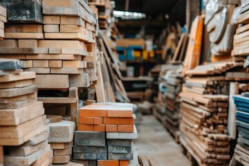 Obraz premium Stacks of various lumber in a workshop. Ideal for construction, DIY, and woodworking projects.