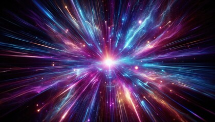Obraz premium Cosmic explosion, vibrant energy burst, radiant light rays, deep space, swirling colors, blue and purple nebula, star formation, interstellar dust, celestial fireworks, dynamic motion blur, galactic c