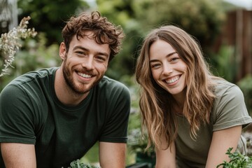 Fototapeta premium Joyful Young Couple Smiling in Garden Surrounded by Greenery and Plants, Showcasing Love for Nature and Sustainable Living Outdoors