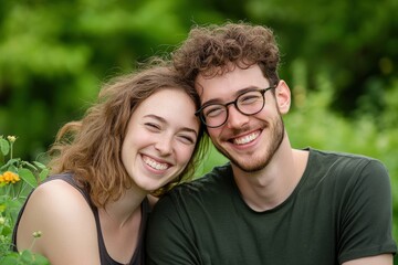 Fototapeta premium Young couple enjoying a joyful moment together outdoors, smiling widely in a lush green environment surrounded by wildflowers on a sunny day.
