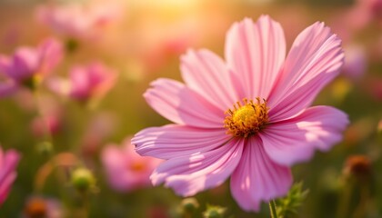 Obraz premium Cosmos colorful flower in the field. Photo toned style instagram filters. Nature background. Cosmos flowers background. Wildflowers in the countryside. Pink cosmos flower. Close-up of pink flowers