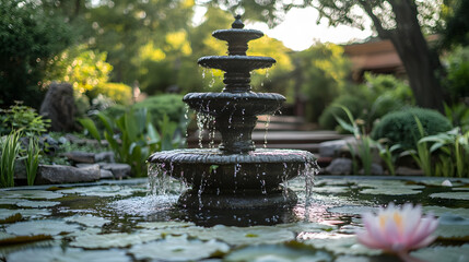 Elegant Garden Fountain Surrounded by Greenery in a Tranquil Park Setting : Generative AI