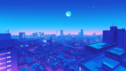 日本の古いアニメをモチーフにした夜の都市のイラスト,レトロポップ,日本人,懐かしい,エモーショナル,ノスタルジー,背景素材	