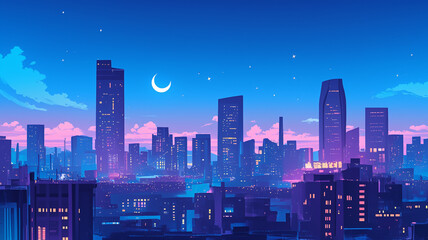 日本の古いアニメをモチーフにした夜の都市のイラスト,レトロポップ,日本人,懐かしい,エモーショナル,ノスタルジー,背景素材	