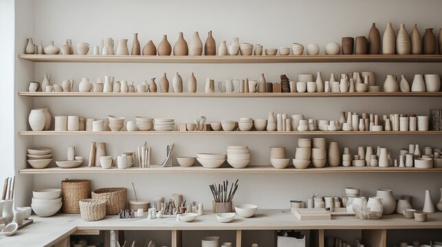 A tranquil pottery studio with shelves of handcrafted ceramics, Pottery tools arranged amidst creative serenity, Minimalist artisanal style - Powered by Adobe