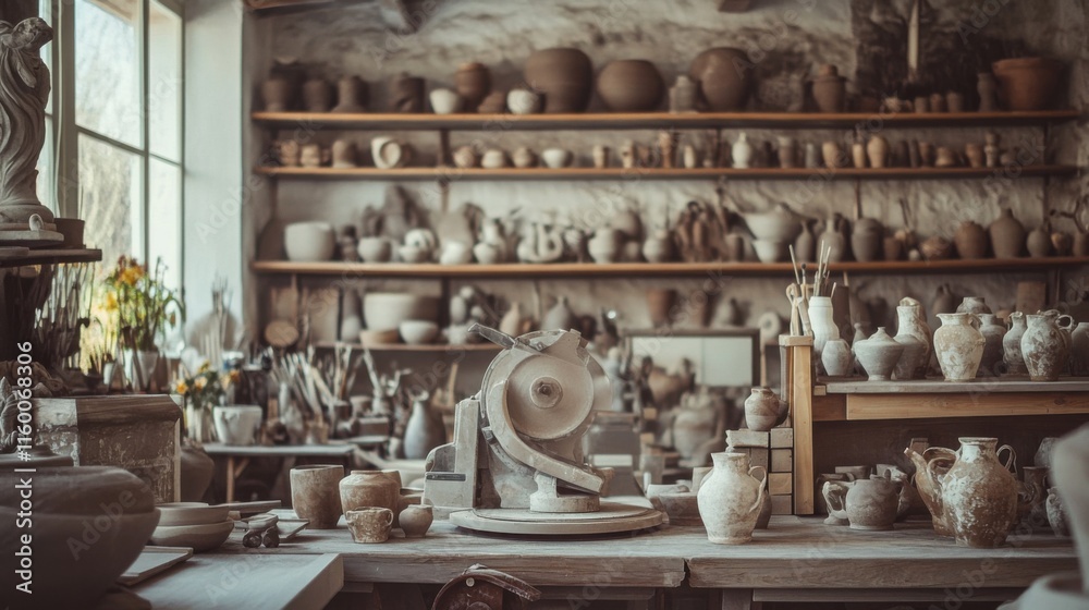 Poster a tranquil pottery studio with spinning wheels and clay sculptures in progress, artisan tools organi