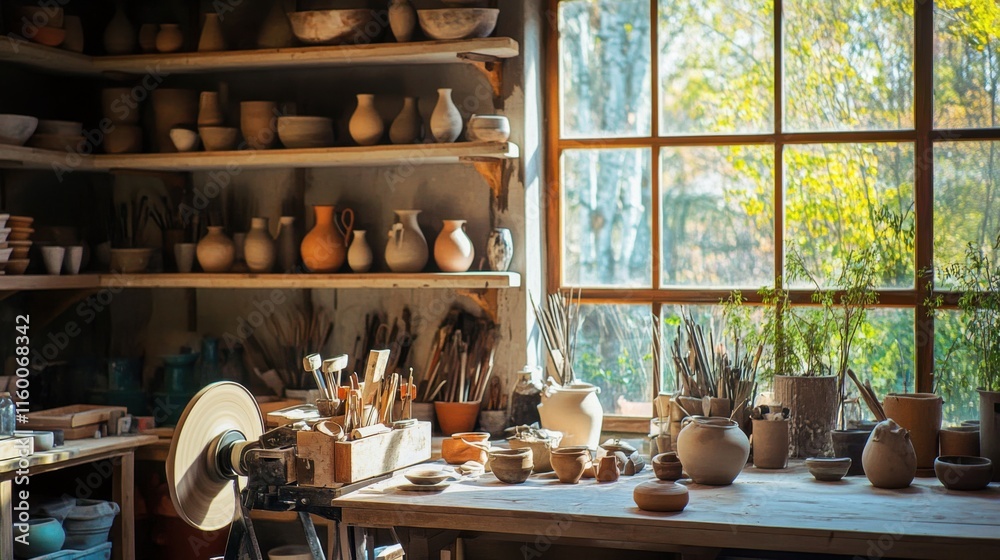 Poster a tranquil pottery studio with spinning wheels and clay sculptures in progress, artisan tools organi