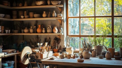 A tranquil pottery studio with spinning wheels and clay sculptures in progress, Artisan tools organized in a rustic workshop, Craftsmanship ambiance style