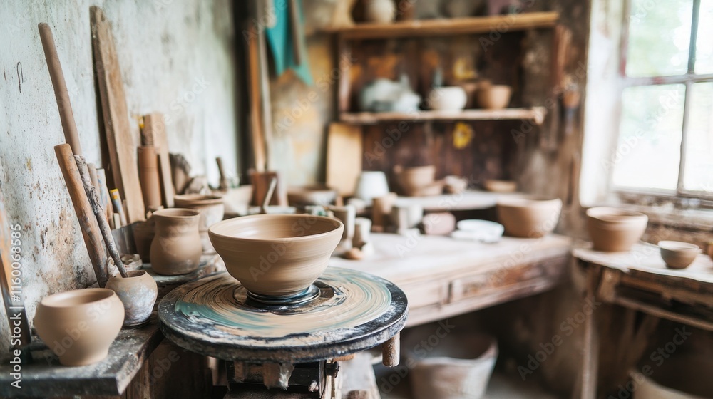 Poster a tranquil pottery studio with spinning wheels and crafted clay pieces, artisan tools arranged in a 