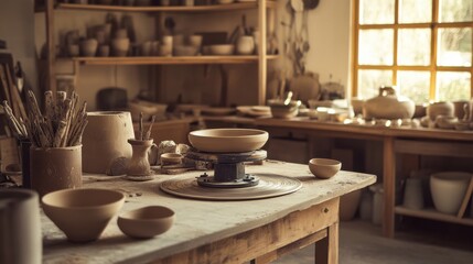 A tranquil pottery studio with spinning wheels and clay sculptures, Artisan tools organized in a rustic workshop, Artistic pottery style